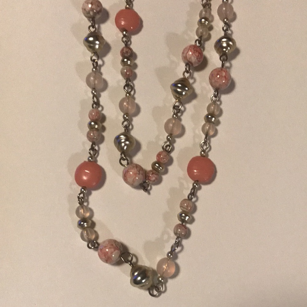 Beautiful Pink Silver Marbleized Necklace costume jewelry